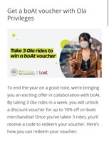 Book 3 Ola rides in a single week Get upto 70% off discount voucher on boAt Merchandise