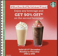 Starbucks Christmas Treat :- Buy any Beverage & Get 50% off on 2nd Beverage