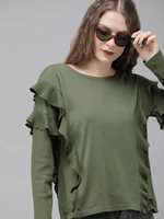 Women Olive Green Solid Ruffle Top