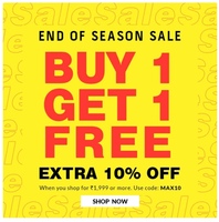 MaxFashion Eoss Sale - Buy 1 Get 1 Free + Extra 10% Off on Shopping Worth Rs 1999 + 5% Cashback through SBI Credit Cards 