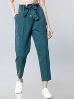 Women Teal Blue Regular Fit Solid Peg Trousers