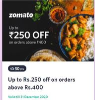 Zomato code for 50pts - Upto 250 Off on 400 n Above