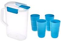 Amazon Brand - Solimo Pitcher with Tumbler Set, Set of 5, Blue