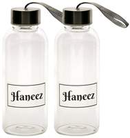Haneez® Drinking Borosilicate Glass Water Bottle Pack of 2, for Beverages and Juices - Home and Office Use, Stainless Steel Leak Proof Caps with Carrying Loop