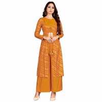 Arresting Orange Colored Party Wear Foil Print Muslin Cotton Kurti-Palazzo Set With jacket