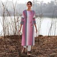 Gleaming Pink Colored Partywear Stripes Woven-Embroidered Cotton Kurti