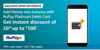 20% Instant discount upto 100 on add money via rupay cards on Amazon