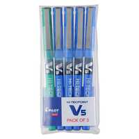 Pilot V5 Roller Ball Pen Pack of 5 ( 4 Blue , 1 Green )
