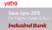 IndusInd Bank Credit & Debit Card Yatra Offer : Flat Rs.600 off per pax on Domestic Flights || Flat 10% off on International Flights & More