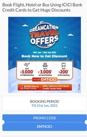 Exciting offers on Easemytrip site for Domestic & International flights, Dom/International hotels and bus tickets for ICICI bank credit card users only