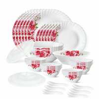 Larah by Borosil Rose Red Silk Series Opalware Dinner Set, 35 Pieces, White 