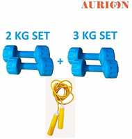 Aurion Rubber Hand Dumbbells Weights Fitness Home Gym Exercise Barbell with Accessories + Jump Rope, 2 Kg x 2+3 Kg x 2 (Black)