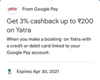 Get 3% cashback up to 200 on Yatra with Google Pay Tokenized cards