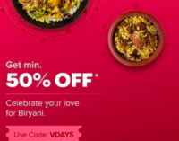 Swiggy Valentines Days: 50% - 60% off upto 120 on Briyani - location specific