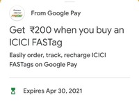 Get 200 (100 cashback + 100 amzazon gv)  when you buy an ICICI FASTag from Google pay (Gpay)