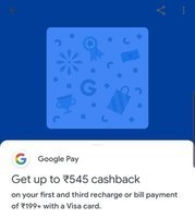 Google Pay : Get upto Rs 545 or 570 cashback on bill/recharge payment. Minimum Cashback 45 or 70 on 1st transaction. (User Specific)