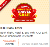 Feb-ulous Travel Sale on EMT - Flat 12% off on Flights, 25% off on Hotels and 15% off on Buses on Easemytrip for ICICI Bank credit and debit card holders