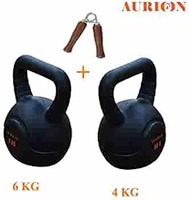 Aurion Imported-Kettle 4KG+6KG+Woden-HANDGRIPX1 Vinyl Kettlebell with Hand Grip (Combo of 3) (Multicolour)