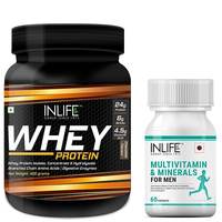 INLIFE Men Whey Protein with Herbs, Digestive Enzymes, Multivitamins, Minerals, Antioxidants Supplement - 400 grams (Chocolate), 60 Capsules upto 75% off starting @ rs. 542