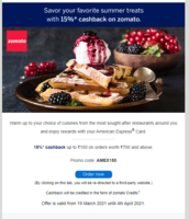 Get 15% cashback on Zomat using American Express cards ||  Amex || Mar 19th - Apr 4th