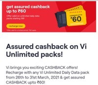 Get Assured cashback coupon of 20-60rs on Vi Unlimited Daily Data Packs
