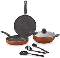 Nirlon Brownie Granite 7-Piece Aluminium Non Stick Cookware Gift Set with Glass Lid & 3 Spoon Brown (Compatible with All Gas & stovetops)

