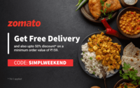 Free Delivery + Get 50% off upto 120₹ on Zomato Orders above 159₹ using Simpl