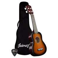 Juarez Junior 21" Soprano Ukulele, Linden Wood Top & Body, Nylon Strings, Chrome Open Machine, Rosewood Fretboard with Gig Bag, 1 Pick, 3TS Sunburst