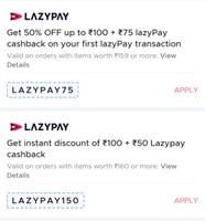 Zomato : Get 50% Discount Upto 100 + 75 Cashback Using First Lazy pay Payment