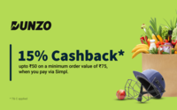 Get 15% cashback up to ₹50 on your Dunzo order when you pay via Simpl