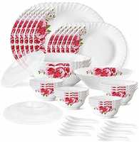 Larah by Borosil Rose Red Silk Series Opalware Dinner Set, 35 Pieces, White

