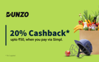 Get 20% cashback up to ₹50 on your Dunzo order when you pay via Simpl