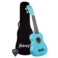 Juarez Junior 21" Soprano Ukulele, Linden Wood Top & Body, Nylon Strings, Chrome Open Machine, Rosewood Fretboard with Gig Bag, 1 Pick, Blue