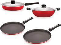 85% Off - Nirlon Non-Stick Kitchenware Kitchen Cooking Utencil Combo Set Offer, (FT13_FP13_DKDB_FT10),Red & Black Color 