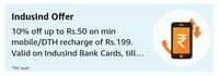 Get 10% off up to Rs.50 on min mobile/DTH recharge of Rs.199 using IndusInd Bank Cards
