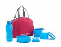 ( Back ) Signoraware Sling Plastic Lunch Box with Red Bag Set, 5-Pieces, Blue