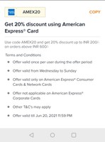 SWIGGY 20% off upto ₹200 on orders above ₹600 on American Express Mobikwik Blue Card