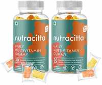 Nutracitta Daily Multivitamin for Kids & Adults - Strawberry & Lemon Vegetarian Gummies with Vitamin A, B12, C, E, D, Calcium, Magnesium, Zinc, Folic Acid - Pack of 2 (60 gummy bears)