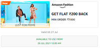 Get 200/- cashback on minimum order of 1000/- on Amazon Fashion coupon collection (user specific)