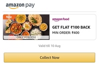 UPCOMING | Amazon Food order GET FLAT ₹100 BACK MIN ORDER: ₹400 (4 times per user)