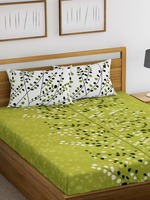 HUESLAND by Ahmedabad Cotton 144 TC Cotton King Floral Bedsheet with 2 Pillow Covers - Beige and Green