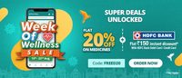 Get flat 20% discount and flat 150 off on min order value 1500 using HDFC card on pharmeasy