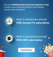Get free subscription of Zee5 and Zomato pro using mobikwik amex blue card