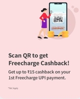 Flat Rs.15 cashback on Freecharge UPI Payment - Scan QR or Money Transfer of Rs.300+  [for September]