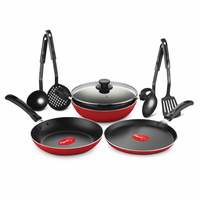 Pigeon By Stovekraft Mio Aluminium Gift Set, Red (8 Pieces) Non-induction (Tawa, Fry Pan, Kitchen Tool Set, Kadai With Glass Lid)