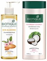 Biotique Almond Oil Ultra Rich Body Wash, Botanical Extracts, 200 ml and Biotique Bio Creamy Coconut Ultra-Rich Body Lotion for Extra Dry Skin, 180ml