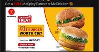 Mcdelivery - Get Free Mcspicy paneer or McChicken worth Rs 167 on order of 149 (only today) 