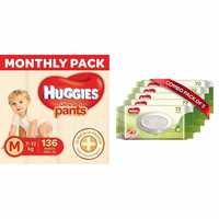 Huggies Ultra Soft Pants Diapers Monthly Pack, Medium (136 Count) & Huggies Baby Wipes - Cucumber & Aloe, Pack of 5 (360 Wipes)