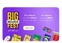 Grofers Big Brands Fest - Flat 10% cashback on min 1500 purchase and 5% cashback on 1000 worth purchase. (14th Oct to 18th Oct)
