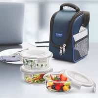 TREO Health First Round Glass Tiffin Box With Cover, 380ml, Transparent Glass 3 Containers Lunch Box  (380 ml)